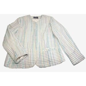 Vtg Willow Ridge Tweed Blazer Jacket Womens 12 Pastel White Lined Preppy Classic